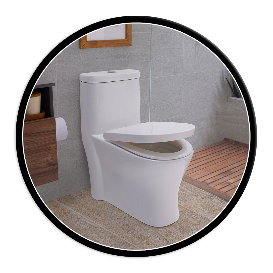 White modern toilet in a bathroom with grey tiled walls and a wooden floor mat at the base of the bowl.